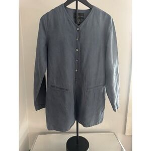 August Silk Linen Silk Blend Blue Button Up Shirt Tunic Sz M Minimalist Coastal